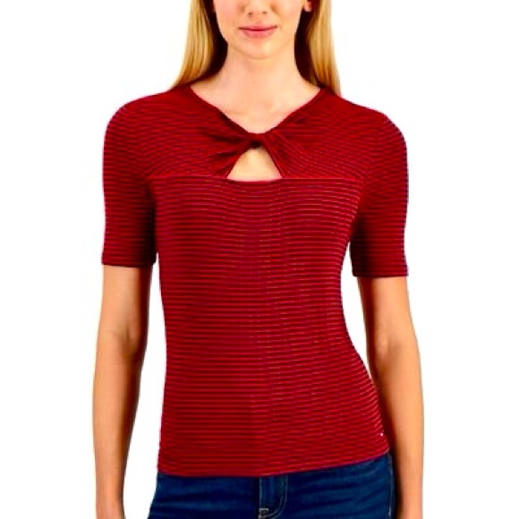 NWT Tommy Hilfiger Striped Keyhole Twist Shirt Top Size Small Short Sleeve - Picture 1 of 6